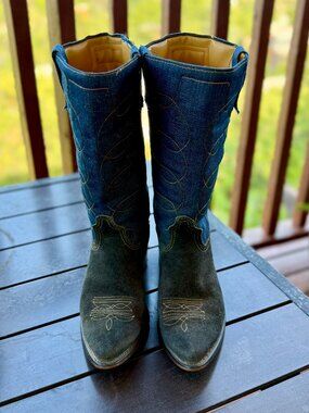 Vintage ACME 1970's Blue Denim & Suede Boots